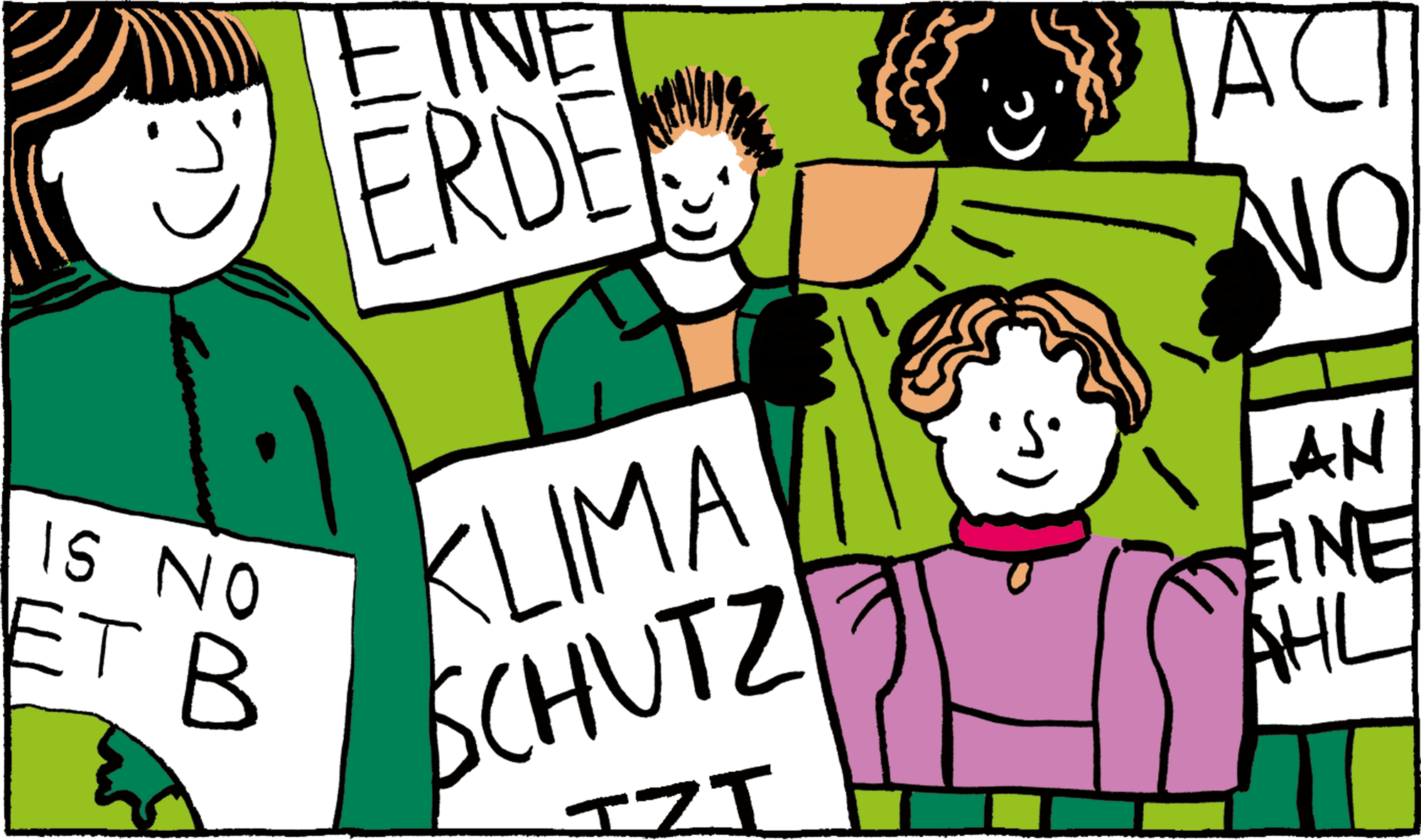 Illustration of a climate demonstration with a young woman carrying a poster of Eunice Newton Foote